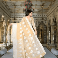 Professional woman wearing beige saree in corporate meeting setting