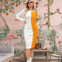 Front View of Solar Drape - Yellow and White Full Sleeve Dress