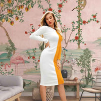 Side View of Solar Drape - Round Neck Yellow White Stretch Dress