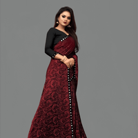 Premium Floral Cutwork Lycra Office Saree – No Ironing, UltraComfort (Maroon)