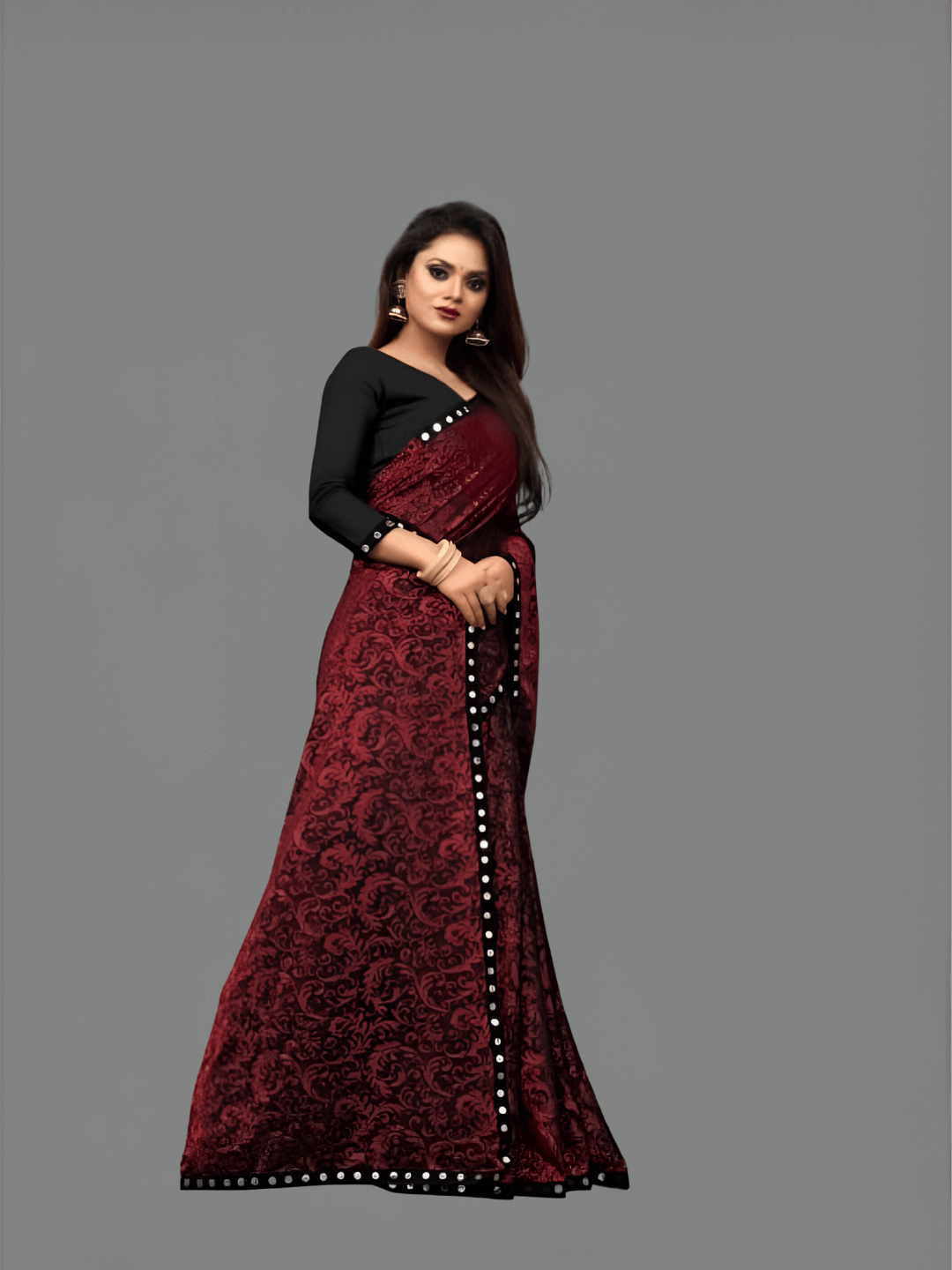Premium Floral Cutwork Lycra Office Saree – No Ironing, UltraComfort (Maroon)