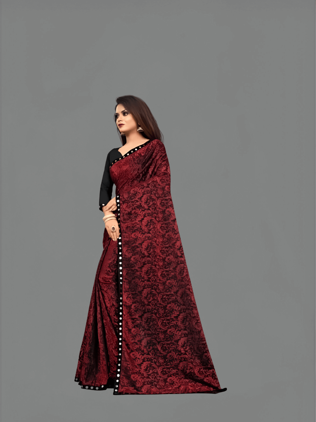 Premium Floral Cutwork Lycra Office Saree – No Ironing, UltraComfort (Maroon)