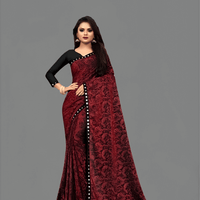 Premium Floral Cutwork Lycra Office Saree – No Ironing, UltraComfort (Maroon)