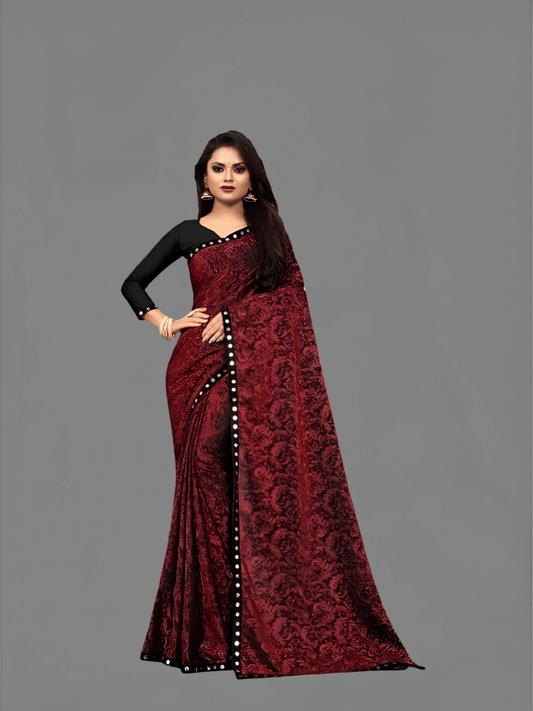Premium Floral Cutwork Lycra Office Saree – No Ironing, UltraComfort (Maroon)