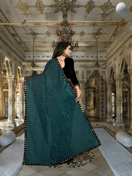 Floral Cutwork Green Lycra Saree - No Ironing Office Wear Ultra Comfort (Emerald)
