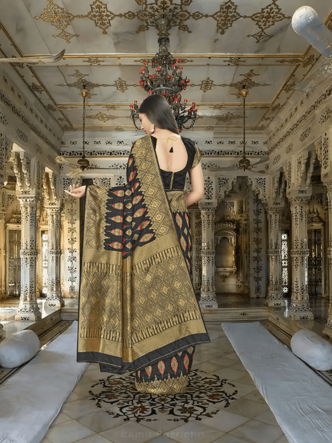 "Blackout Rhapsody" Silk Banarasi – Lightning-Strike Gold Borders