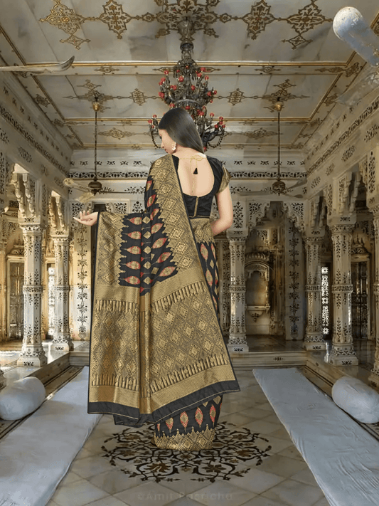"Blackout Rhapsody" Silk Banarasi – Lightning-Strike Gold Borders