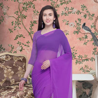  Front view of deep purple solid saree in majestic setting