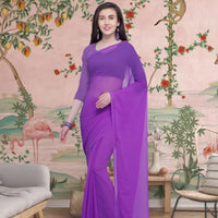 Front view of deep purple solid saree in majestic setting 