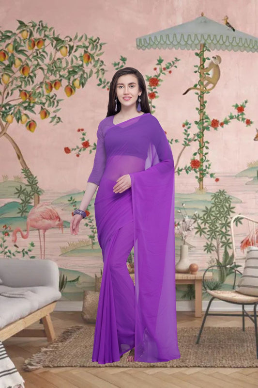 Front view of deep purple solid saree in majestic setting 