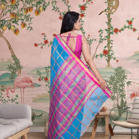 Rear profile with flowing pallu and subtle checkered detail