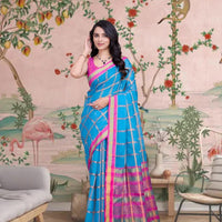 Front view of sky blue saree glowing in heritage palace setting