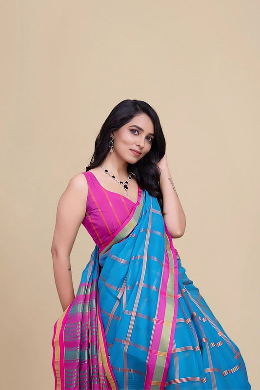 Studio front view showing entire saree structure and color balance
