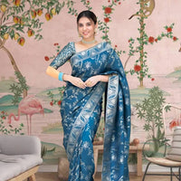 Front view showing Rama green silk saree glowing in palace lights