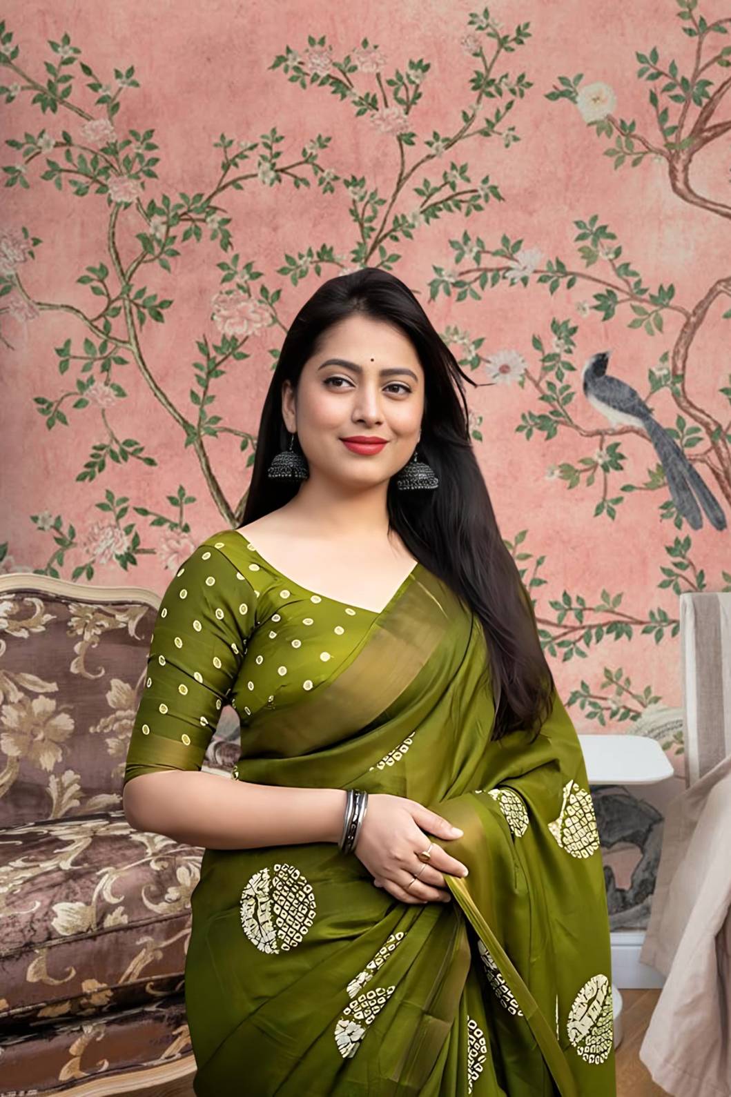 Front angle of green printed cotton crape saree glowing in regal palace light