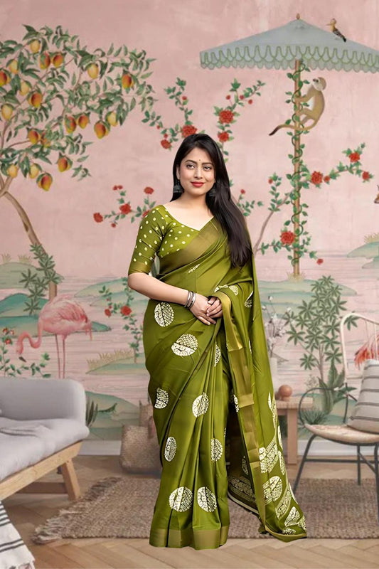  Front angle of green printed cotton crape saree glowing in regal palace light