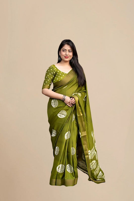 Studio front view of green saree showing structure and print balance