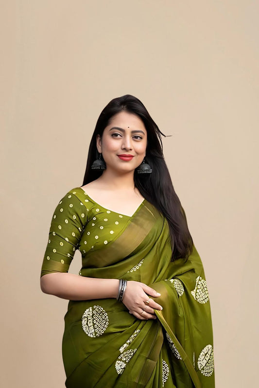Studio front view of green saree showing structure and print balance