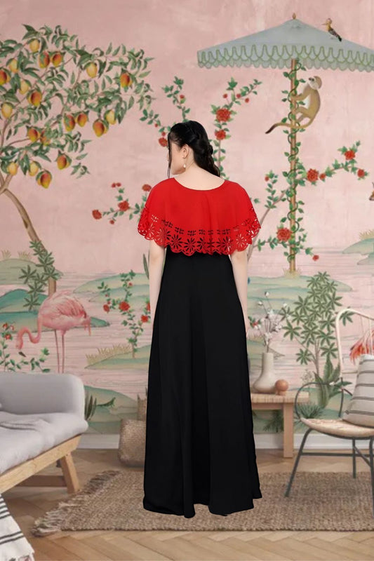  Back view of CELESTINA fiery sleeveless red-black gown