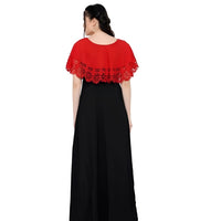 Back studio view of CELESTINA red and black full-length gown