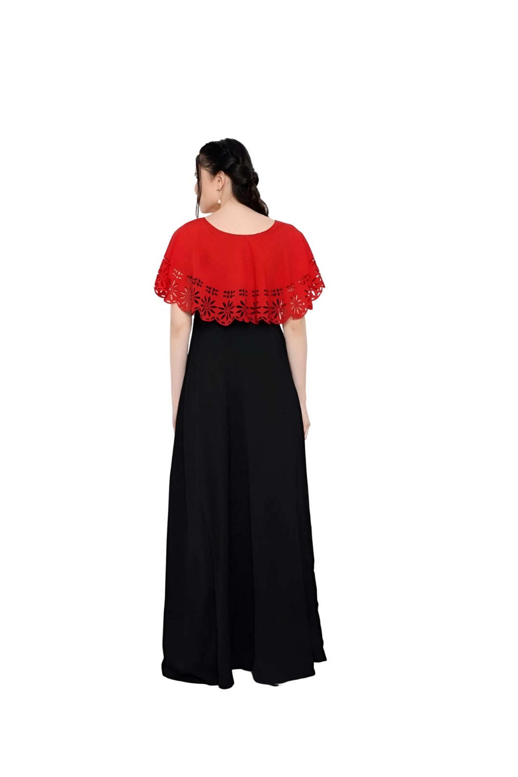 Back studio view of CELESTINA red and black full-length gown