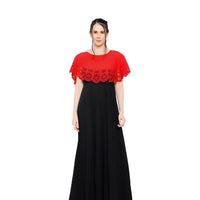 Studio front shot of red-black sleeveless crepe gown