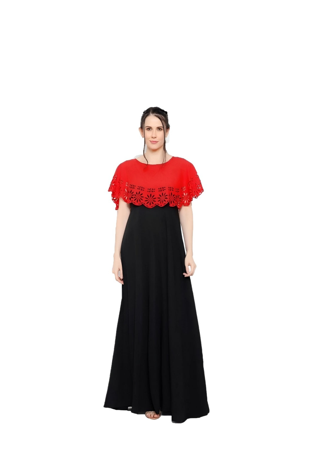 Studio front shot of red-black sleeveless crepe gown