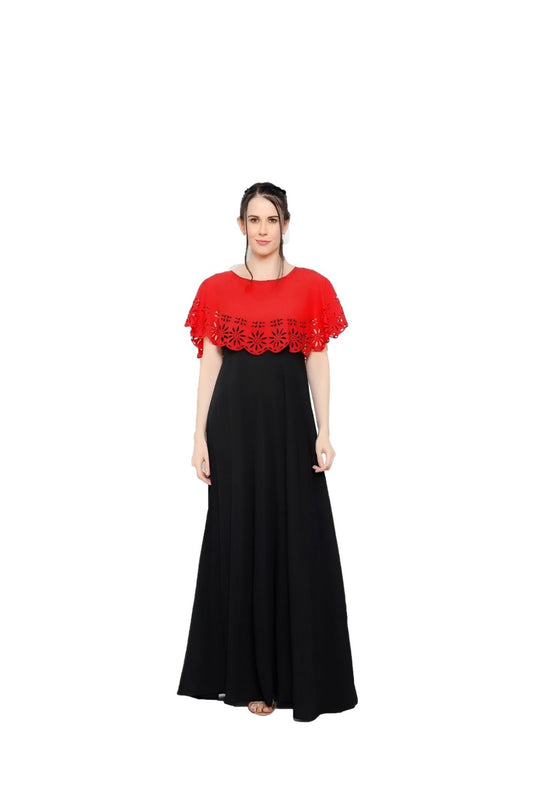 Studio front shot of red-black sleeveless crepe gown