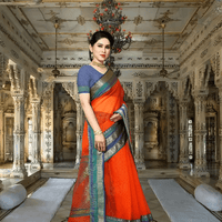 Model draped in orange Kota Doria saree under vintage arches, borders reflecting temple tones