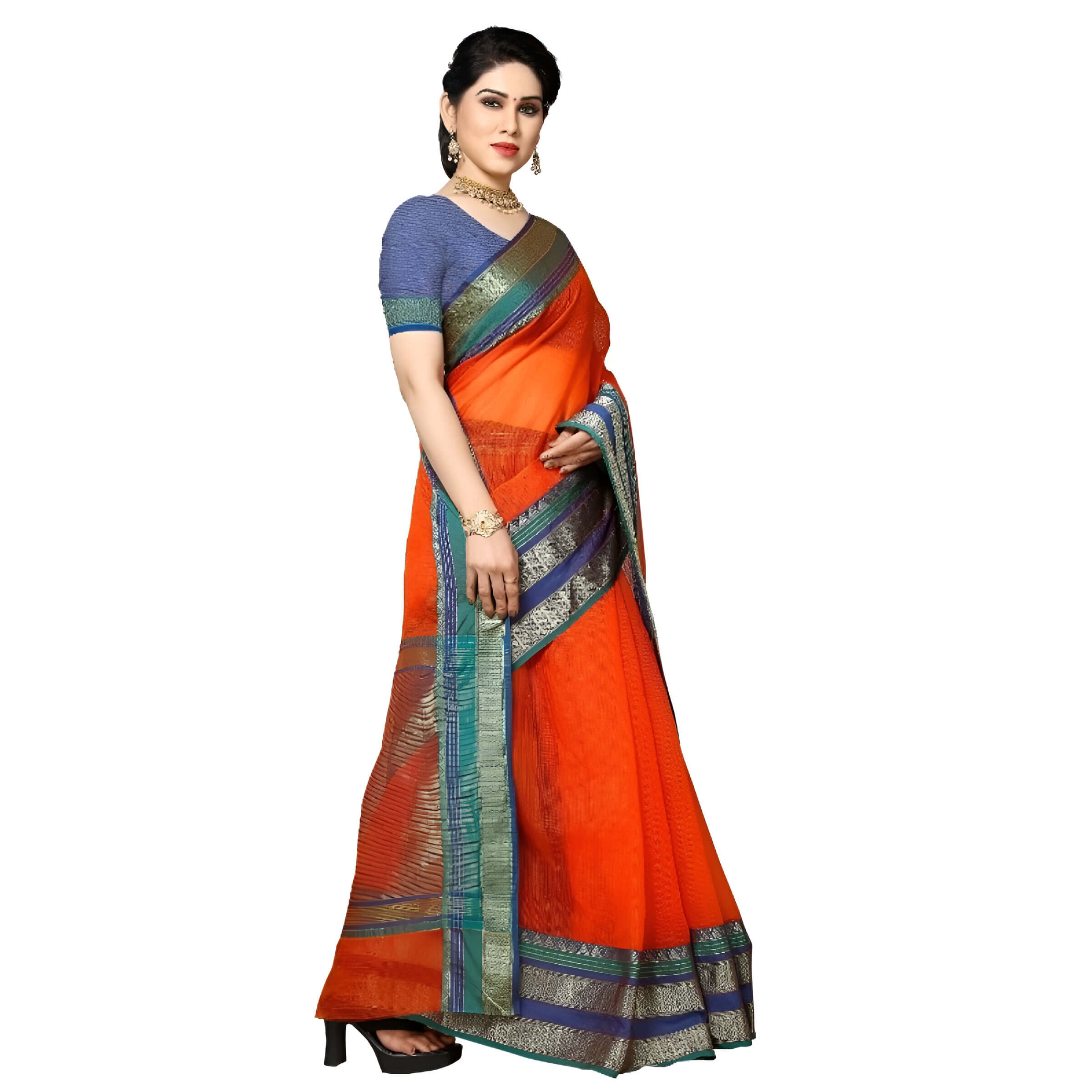 Flat layout of orange Kota saree showing clean multicolor border