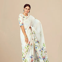 Studio front view showing full saree design and blouse pairing