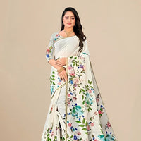 Studio front view showing full saree design and blouse pairing