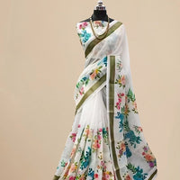 Studio front view showing full saree design and blouse pairing