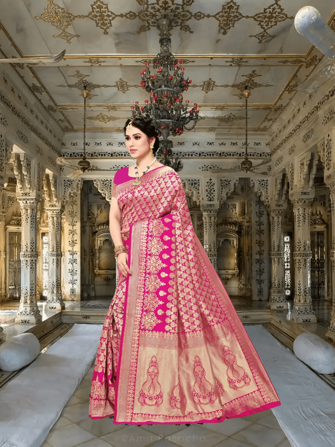 Model in motion, saree unfolding like a handwritten chronicle with luminous borders