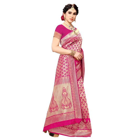 Flat lay of luxurious pink silk, golden jacquard motifs repeating in rhythmic symmetry