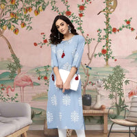  Front view: Blue kurti set against an open blue sky