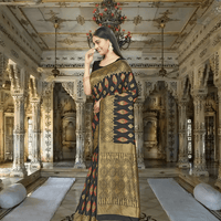Black Banarasi saree in thunderstorm, gold borders flashing like lightning