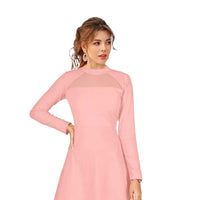 Peach stretchable monochrome dress front cutout on white background