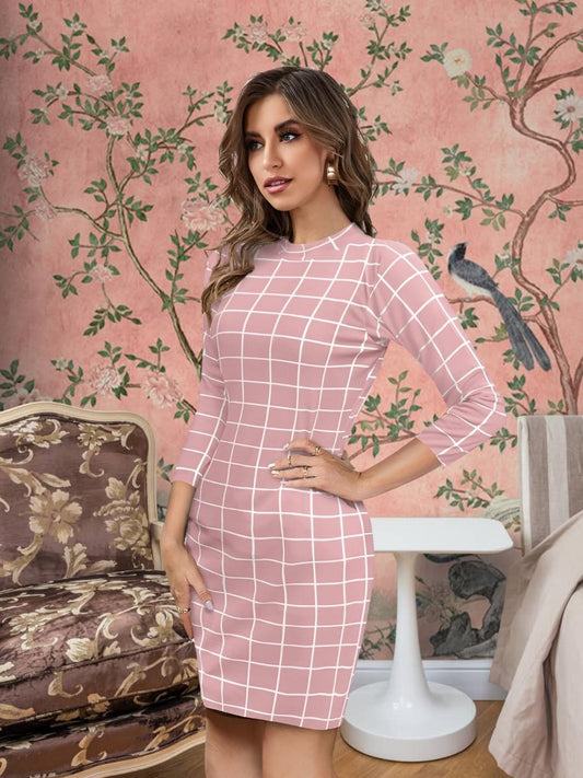 Model wearing the "Blush Dynasty" dress by Celestina – peach bodycon with full sleeves in a romantic backdrop.