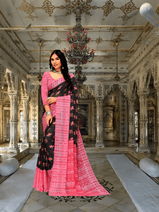 Pink-black georgette saree in rose garden – romantic edge styling