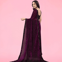 Wine floral Lycra saree with shiny black border – party wear