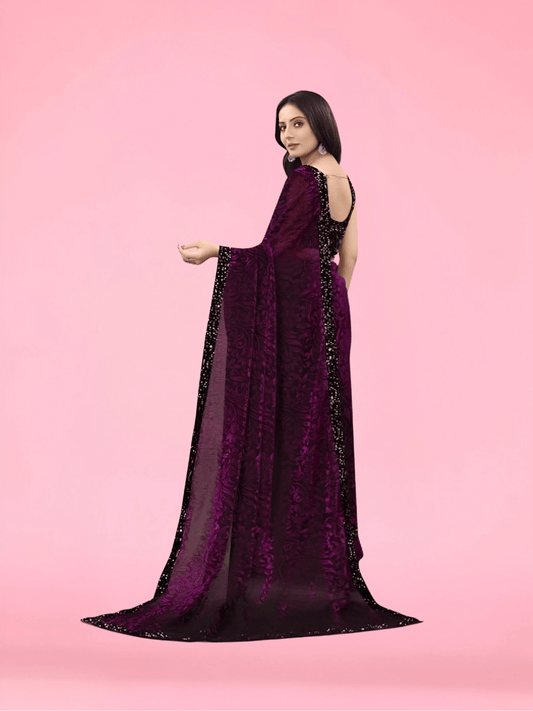 Wine floral Lycra saree with shiny black border – party wear