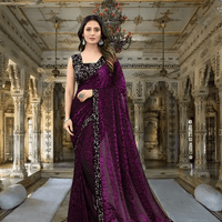 Wine floral Lycra saree with shiny black border – party wear
