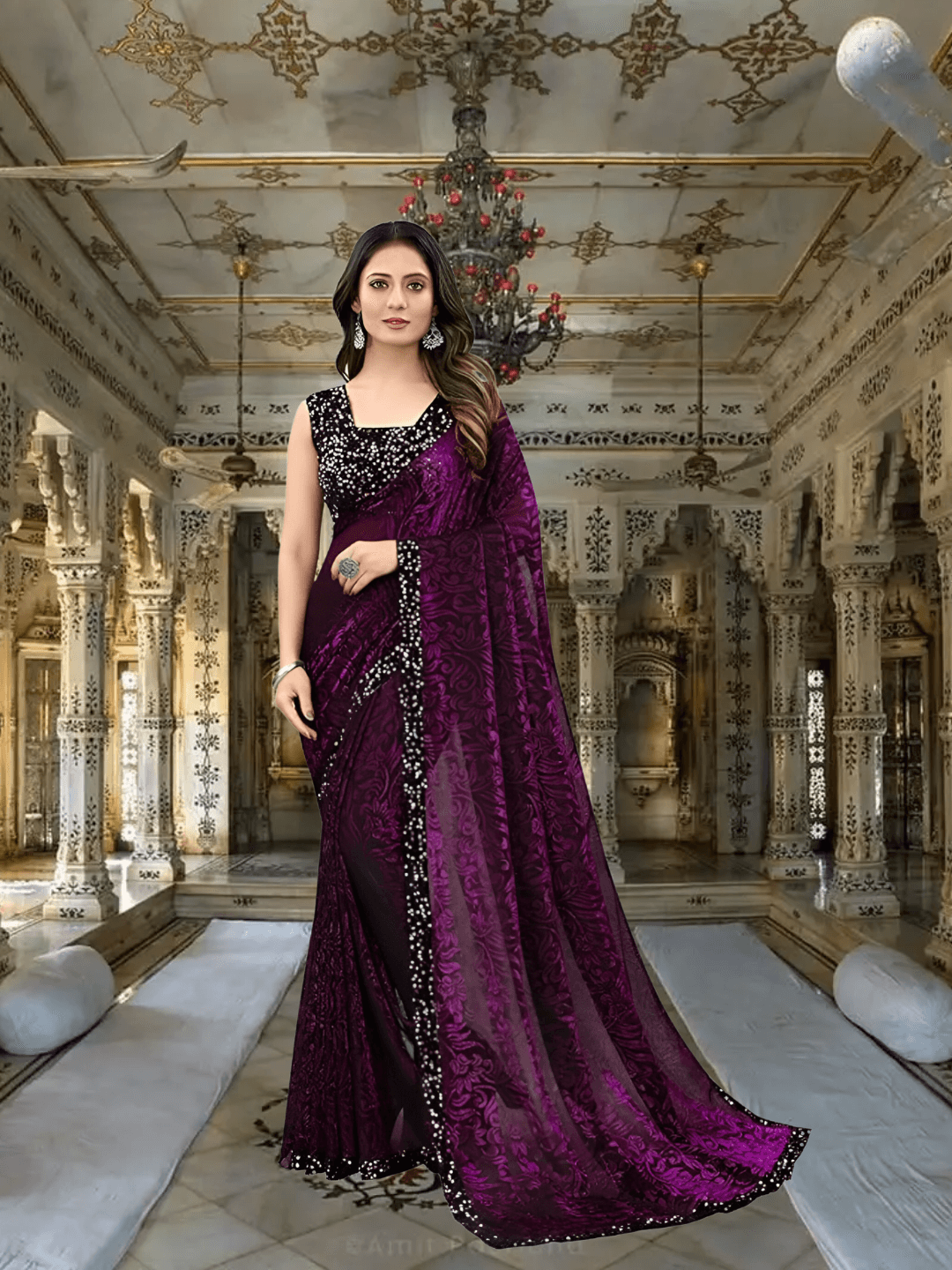 Wine floral Lycra saree with shiny black border – party wear