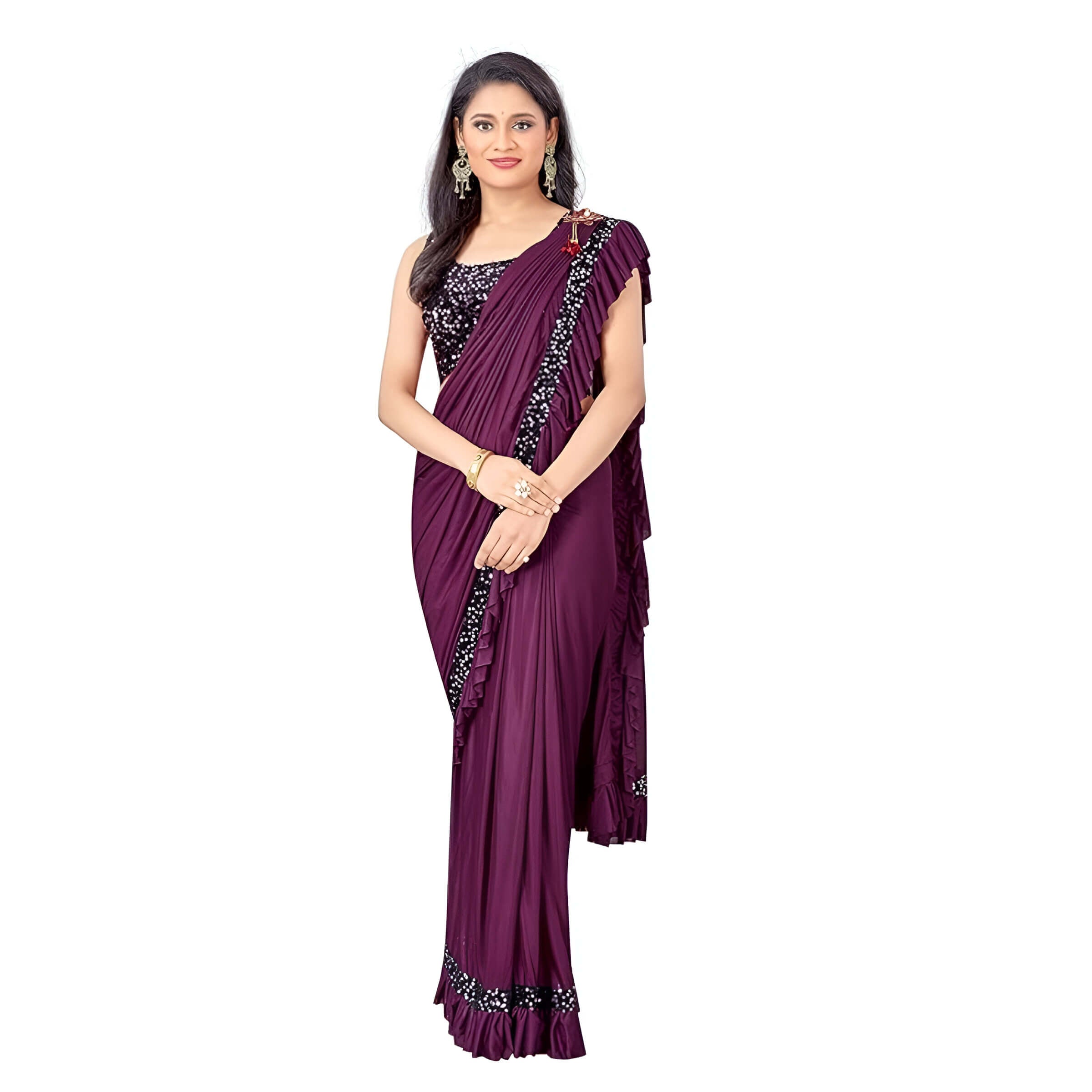 Winecolored Lycra saree with shiny blouse - party wear essential