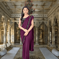 Wine colored Lycra saree with shiny blouse - party wear essential