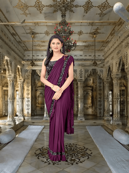 Wine colored Lycra saree with shiny blouse - party wear essential
