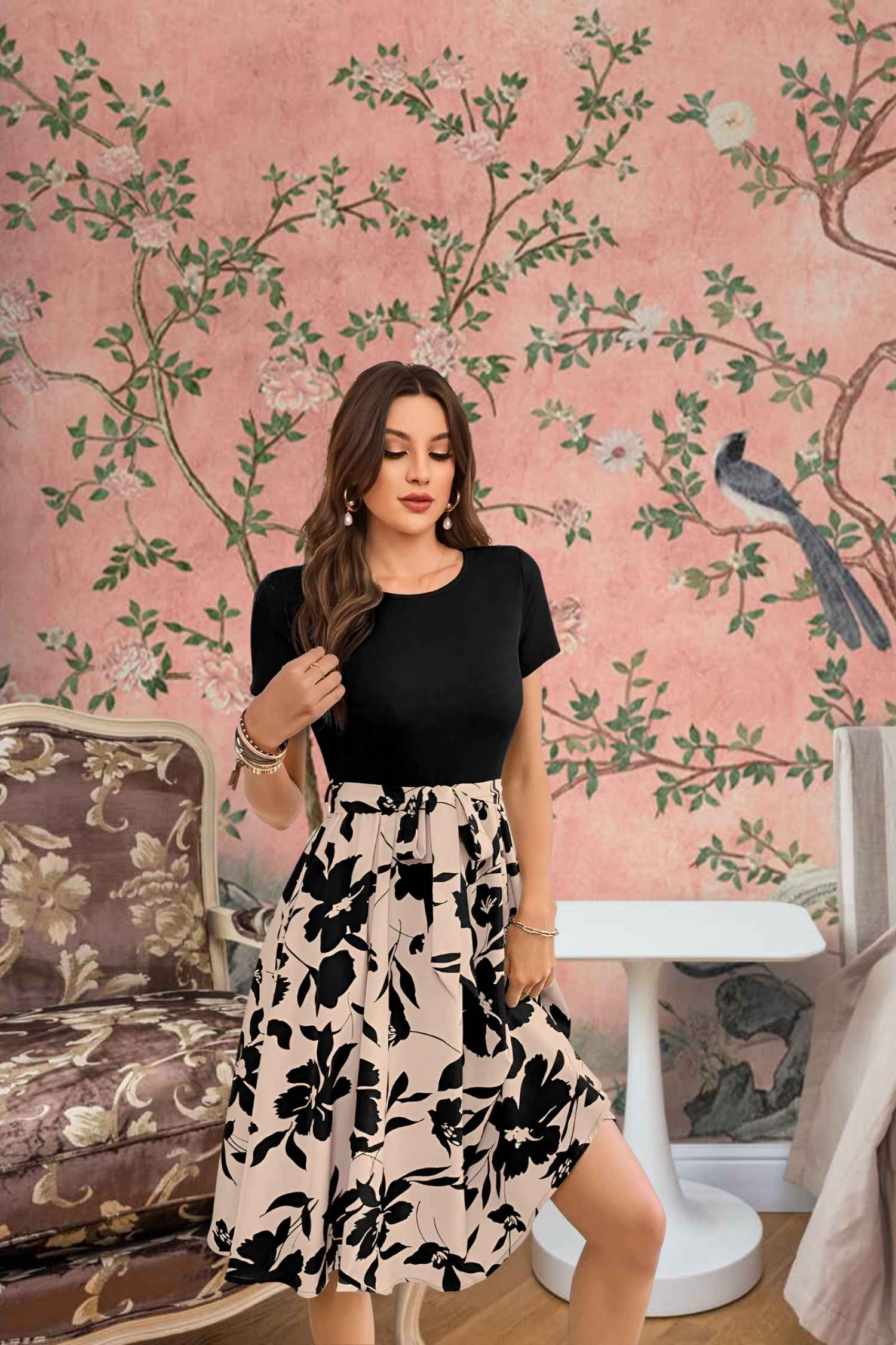 Side profile showcasing the contrast between top and skirt