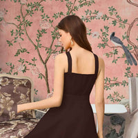 Back cut of sleeveless coffee dress with subtle shimmer