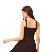 Back profile of sleeveless coffee brown dress